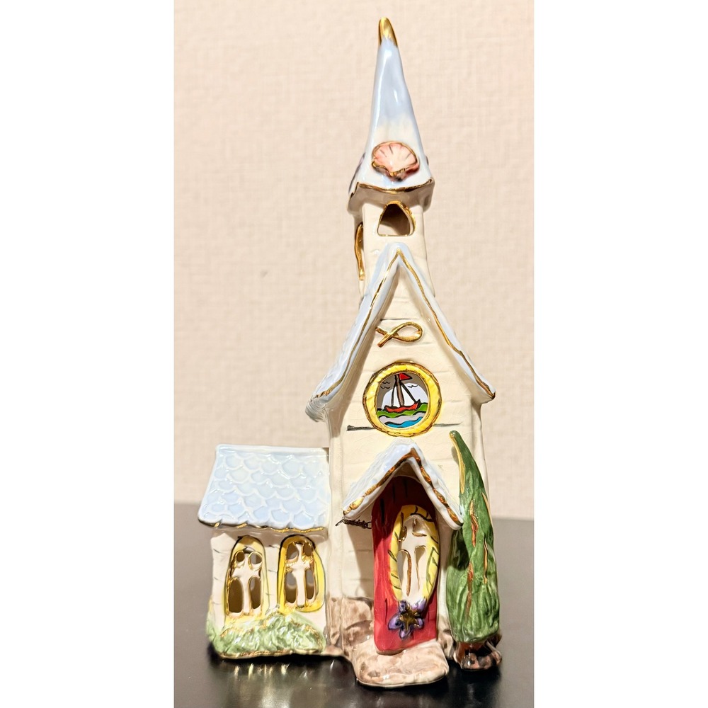 Heather Goldminc Blue Sky Ceramic Nautical Church Tea Light Holder Coastal Decor